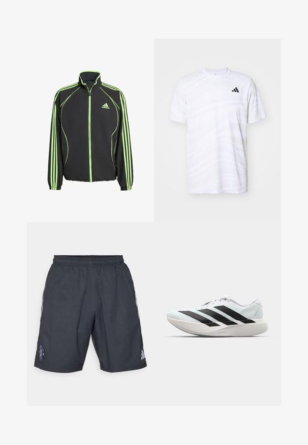 Schwarze Sportjacke mit grünen Akzenten, die einen hohen Kragen, einen Frontreißverschluss und drei vertikale Streifen an jedem Ärmel besitzt.; Weißes sportliches T-Shirt mit subtilen Wellenmustern, Rundhalsausschnitt, kurzen Ärmeln und einem schwarzen Dreistreifen-Logo auf der linken Brust.; Schwarze Sportshorts aus atmungsaktivem Material, mit einem elastischen Bund, weißen Seitestreifen und einem Manchester United-Logo.; Leichte Laufschuhe in hellblau mit schwarzen Streifen. Sie verfügen über ein glattes Obermaterial, eine runde Zehenpartie und eine dicke weiße Zwischensohle, die mit "LIGHTSTRIKE PRO" beschriftet ist.