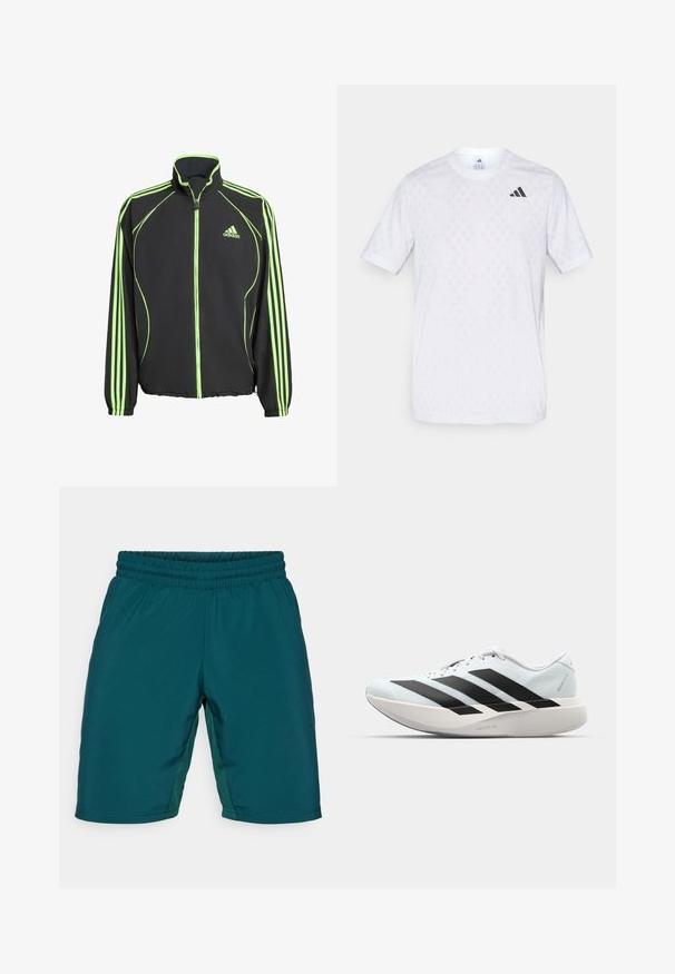 Musta urheilutakki vihreillä yksityiskohdilla, jossa on korkea kaulus, etuvetoketju ja kolme pystysuoraa raitaa kukin hiha.; Valkoinen lyhythihainen t-paita, jossa on hienovarainen timanttikuosi, valmistettu kevyestä materiaalista, mustalla adidas-logolla rintamuksessa.; Turkoosi urheilushortsit, joissa on elastinen vyötärönauha, sivupaneelit ja sileä, kevyt kangas. Ei taskuja tai näkyviä yksityiskohtia.; Kevyt juoksukengät vaaleansinisinä mustilla raidoilla. Ominaisuuksiin kuuluu sileä pinta, pyöreä kärki ja paksu valkoinen välipohja, joka on merkitty "LIGHTSTRIKE PRO".