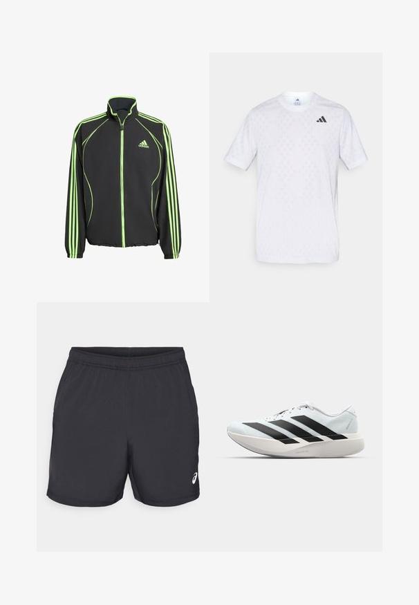 Crna sportska jakna s zelenim naglascima, koja ima visoki ovratnik, prednji zatvarač i tri vertikalne pruge na svakoj rukavu.; Bijela kratkotrajna majica s kratkim rukavima koja se ističe suptilnim dijamantnim uzorkom, napravljena od lagane tkanine, s crnim adidas logom na prsima.; Crne atletske kratke hlače izrađene od lagane tkanine. Imaju elastičnu traku u struku i akcent logotipa na donjoj desnoj strani.; Lagane tenisice za trčanje u svijetloplavoj boji s crnim trakama. Imaju glatku gornju površinu, okrugli vrh i debeli bijeli srednji sloj označen "LIGHTSTRIKE PRO."