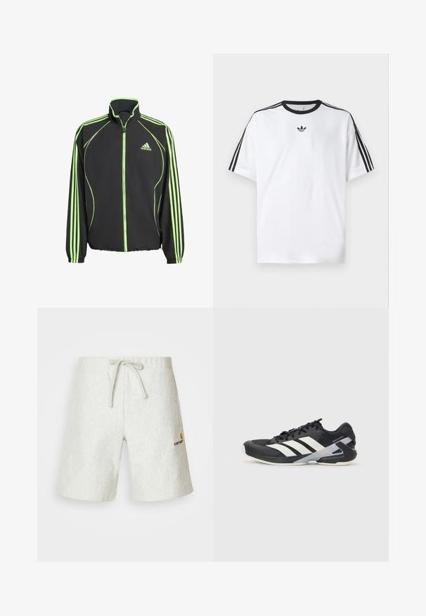 Crna sportska jakna s zelenim naglascima, koja ima visoki ovratnik, prednji zatvarač i tri vertikalne pruge na svakoj rukavu.; Bijela majica od pamuka, s crnim okruglim izrezom i tri crne pruge na svakom ramenu. Mali crni logo na prsima.; Svijetlosivi šorts izrađeni od teksturiranog materijala. Ima podesivu elastičnu traku i mali logo s lijeve strane.; Crne atletske cipele s bijelim prugama, mrežasta gornja strana, zaobljeni prst i podstavljeni đon. Imaju teksturiranu petu i siguran sustav vezivanja.