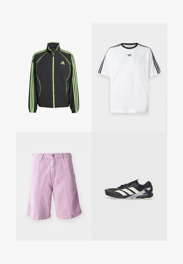 Musta urheilutakki vihreillä yksityiskohdilla, jossa on korkea kaulus, etuvetoketju ja kolme pystysuoraa raitaa kukin hiha.; Valkoinen t-paita, joka on valmistettu puuvillasta, mustalla pyöreällä kaula-aukolla ja kolmella mustalla raidalla jokaisella olkapäällä. Pieni musta logo rinnassa.; Vaalean lilat farkkushortsit, joissa on suora leikkaus, napin ja vetoketjun sulkeminen, viisi taskua ja hieno tekstuuri.; Mustat urheilukengät valkoisilla raidoilla, verkkomateriaalia ylhäällä, pyöristetty kärki ja pehmustettu pohja. Varustettu teksturoidulla kantapäällä ja turvallisella nauhoitusjärjestelmällä.