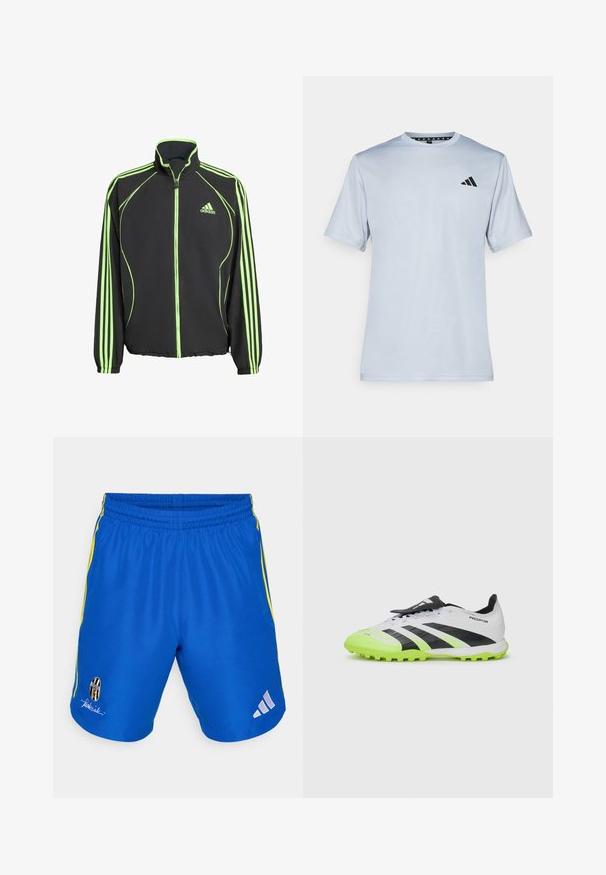 Casaco atlético preto com detalhes em verde, apresentando um colarinho alto, fecho frontal e três riscas verticais em cada manga.; adidas Performance T-shirt desportiva - halo silver-coloured/black; adidas Performance JUVENTUS TURIN URBAN PURIST SHORT - Roupa de discoteca - team royal blue; Chuteira de futebol branca e preta com detalhes em verde néon. Parte superior texturizada, riscas pretas e cravos moldados numa sola vibrante contrastante.