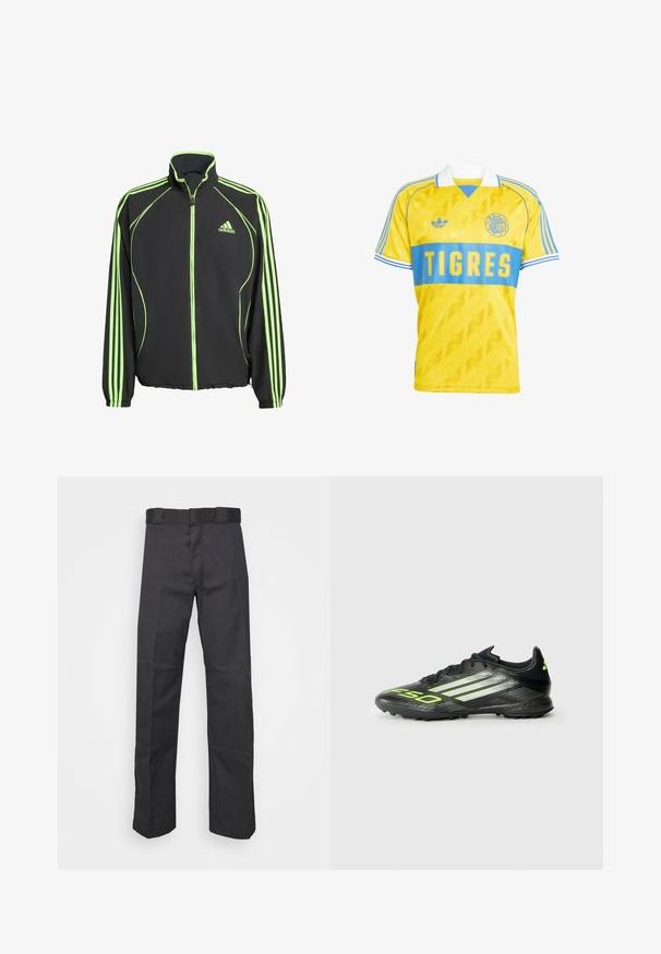 Crna sportska jakna s zelenim naglascima, koja ima visoki ovratnik, prednji zatvarač i tri vertikalne pruge na svakoj rukavu.; Žuta nogometna majica s plavom horizontalnom prugom, sadrži natpis "TIGRES", izvezeni logo i prugaste naglaske na ramenima. Napravljena od glatkog materijala.; Crne hlače od izdržljivog materijala, s ravnim krojem, pojasom s peteljkama i šavovima za dodatnu teksturu.; Crna nogometna cipela s teksturiranom površinom, s jarkozelenim naglascima i tri bijele pruge. Dizajnirana za umjetnu travu s gumenim potplatom.