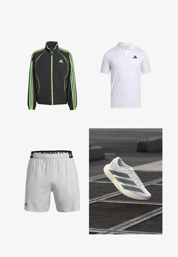 Jachetă sport neagră cu accente verzi, cu guler înalt, fermoar frontal și trei dungi verticale pe fiecare mânecă.; Tricou polo alb dintr-un material respirabil, cu guler, având mâneci scurte și un logo Adidas negru pe partea stângă a pieptului.; Shorts atletici de culoare gri deschis, fabricate dintr-un material respirabil. Presară o talie elastică cu un logo negru și buzunare laterale.; Pantof sportiv alb cu partea superioară din plasă texturată, cu dungi gri și talpă amortizantă. Design ușor, potrivit pentru alergare.