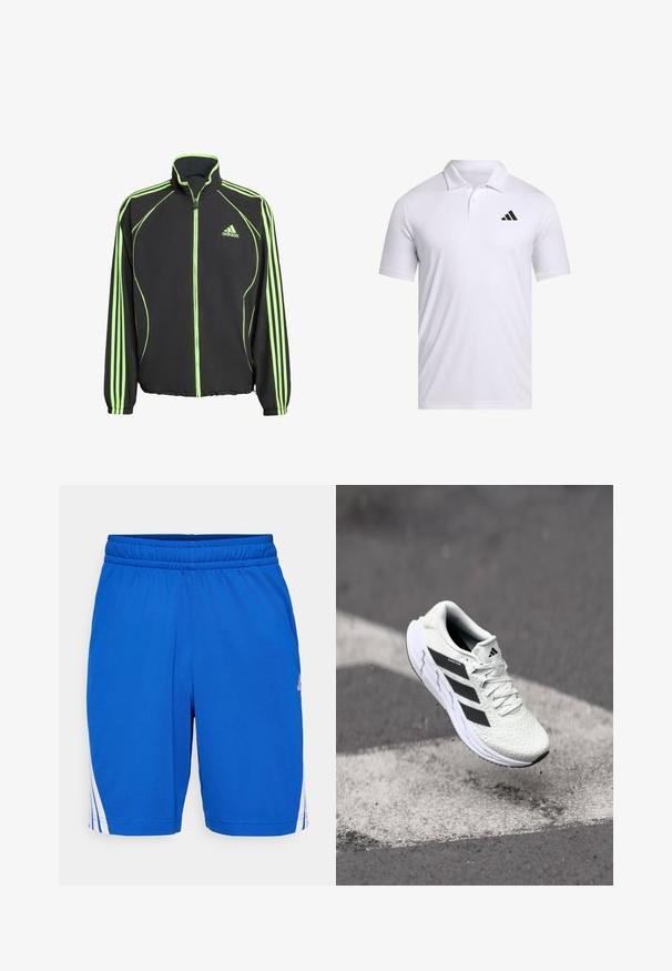 Crna sportska jakna s zelenim naglascima, koja ima visoki ovratnik, prednji zatvarač i tri vertikalne pruge na svakoj rukavu.; Bijela polo majica od prozračnog materijala s kragnom, kratkim rukavima i crnim Adidas logom na lijevoj strani prsnog koša.; Plave sportske hlače od glatkog materijala, s elastičnim pojasom i bijelim naglašenim prugama sa strane.; Bjela atletska cipela s mrežastim gornjim dijelom s teksturom, crnim prugama, vezanjem na vezice i podstavljenim potplatom, lebdi iznad označene ceste.