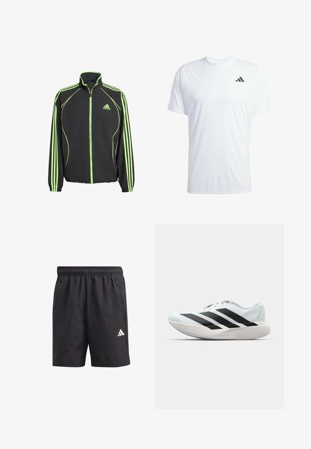 Casaco atlético preto com detalhes em verde, apresentando um colarinho alto, fecho frontal e três riscas verticais em cada manga.; Camiseta desportiva de manga curta branca, feita de tecido leve, com um logo preto da Adidas no lado superior esquerdo do peito.; Calções de desporto pretos com um cós elástico, bolsos laterais com fecho e um logotipo branco na perna esquerda. Textura leve e suave.; Tênis de corrida leves em azul pálido com riscas pretas. Apresentam um cabedal liso, bico redondo e uma entressola espessa branca rotulada como "LIGHTSTRIKE PRO."