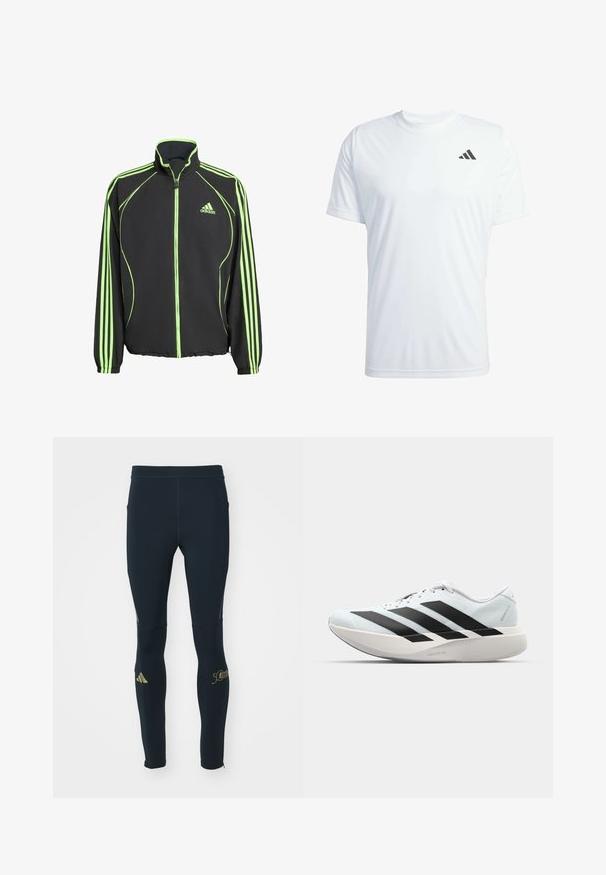 Black athletic jacket with green accents, featuring a high collar, front zipper, and three vertical stripes on each sleeve.; White short-sleeve athletic t-shirt made of lightweight fabric featuring a black Adidas logo on the upper left chest.; adidas Performance BER24 LONG - Leggings - aurora ink; Lightweight running shoes in pale blue with black stripes. Features a smooth upper, round toe, and thick white midsole labeled "LIGHTSTRIKE PRO."