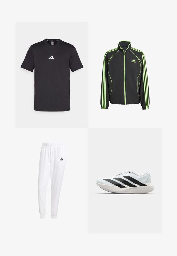 Casaco atlético preto com detalhes em verde, apresentando um colarinho alto, fecho frontal e três riscas verticais em cada manga.; T-shirt de algodão preto com mangas curtas, apresentando um logótipo branco da Adidas no peito. Design clássico de gola redonda.; Calças esportivas brancas feitas de tecido suave, com uma cintura elástica e punhos ajustados, apresentando um logo preto no bolso de trás.; Tênis de corrida leves em azul pálido com riscas pretas. Apresentam um cabedal liso, bico redondo e uma entressola espessa branca rotulada como "LIGHTSTRIKE PRO."