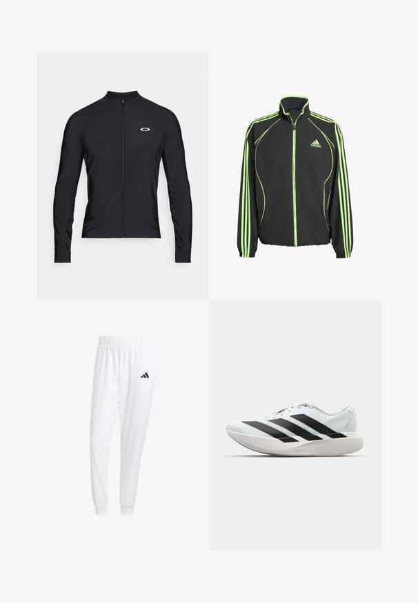 Casaco atlético preto com detalhes em verde, apresentando um colarinho alto, fecho frontal e três riscas verticais em cada manga.; Camisa preta de manga longa com fecho éclair, feita de tecido leve; apresenta um colarinho redondo e um pequeno logotipo impresso no lado superior esquerdo.; Calças esportivas brancas feitas de tecido suave, com uma cintura elástica e punhos ajustados, apresentando um logo preto no bolso de trás.; Tênis de corrida leves em azul pálido com riscas pretas. Apresentam um cabedal liso, bico redondo e uma entressola espessa branca rotulada como "LIGHTSTRIKE PRO."