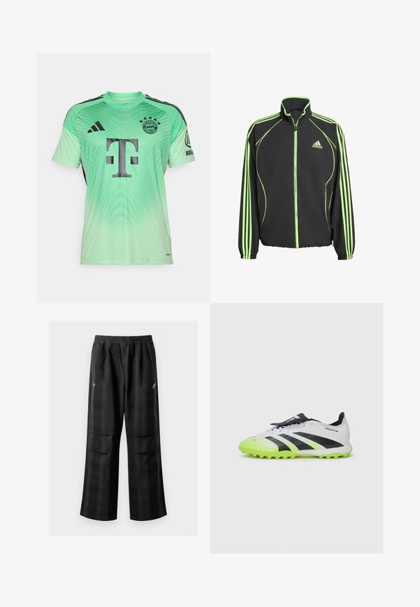 Musta urheilutakki vihreillä yksityiskohdilla, jossa on korkea kaulus, etuvetoketju ja kolme pystysuoraa raitaa kukin hiha.; Vihreä mintunvihreä jalkapallopaita mustilla yksityiskohdilla, gradientoitua muotoilua, jossa on suuri musta logo keskellä ja joukkueen erikoismerkki vasemmassa yläkulmassa.; Mustat ruudulliset housut, joissa on joustava vyötärö, kaksi etutaskua ja rento istuvuus suoralla lahkeella. Valmistettu kevyestä materiaalista.; Valkoiset ja mustat jalkapallokengät neonvihreillä yksityiskohdilla. Teksturoitu päällinen, mustat raidat ja muoviset nupit kontrastivärisessä, eloisassa pohjassa.