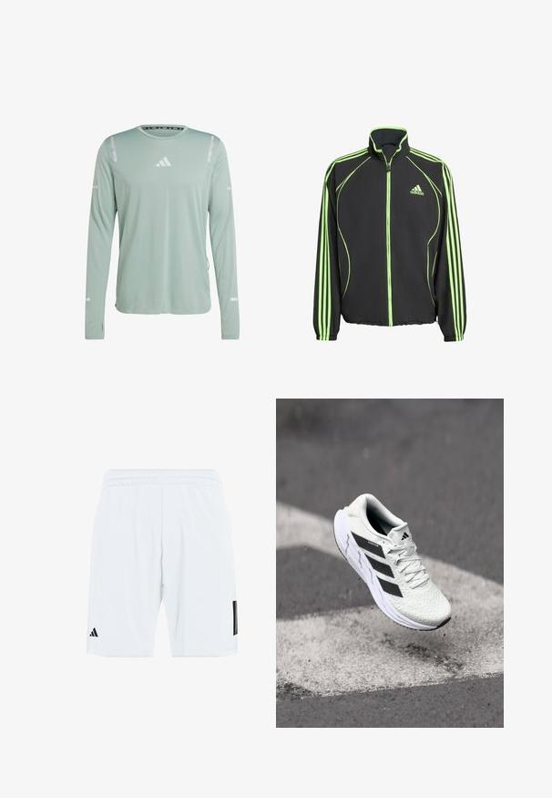 Schwarze Sportjacke mit grünen Akzenten, die einen hohen Kragen, einen Frontreißverschluss und drei vertikale Streifen an jedem Ärmel besitzt.; adidas Performance ULTIMATE REFLECTIVE LONG SLEEVE LONG-SLEEVE - Langarmshirt - silver green; Weiße Sportshorts mit einem elastischen Bund, versehen mit drei schwarzen Streifen an den Seiten und einem schwarzen Logo am unteren linken Bein.; Weiße Sportschuh mit strukturiertem Mesh-Obermaterial, schwarzen Streifen, Schnürverschluss und gepolstertem Sohlen, schwebt über einer markierten Straßenoberfläche.