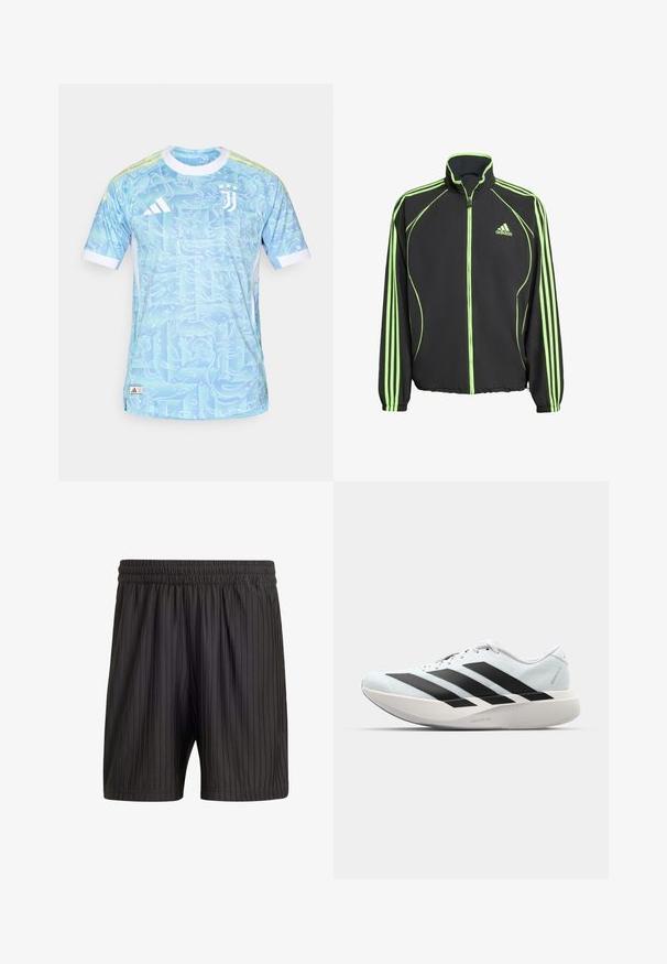 Black athletic jacket with green accents, featuring a high collar, front zipper, and three vertical stripes on each sleeve.; Blue athletic jersey with a swirling pattern, short sleeves, and white accents. Features Adidas logo and Juventus emblem at the front.; Black shorts with an elastic waistband, featuring vertical pinstripes and a lightweight, textured fabric. Mid-thigh length.; Lightweight running shoes in pale blue with black stripes. Features a smooth upper, round toe, and thick white midsole labeled "LIGHTSTRIKE PRO."