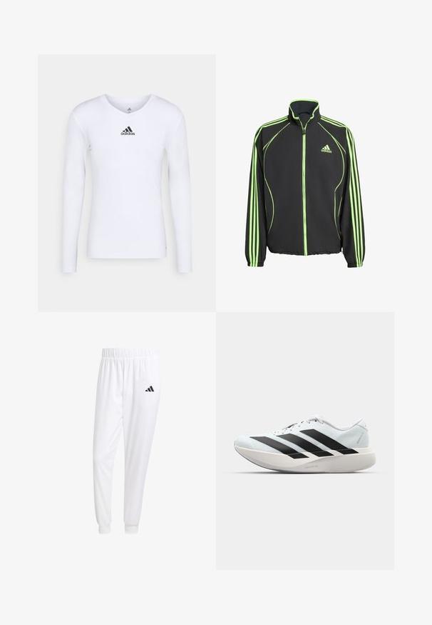 Schwarze Sportjacke mit grünen Akzenten, die einen hohen Kragen, einen Frontreißverschluss und drei vertikale Streifen an jedem Ärmel besitzt.; Langärmliges weißes Sportshirt aus glattem Material mit einem schwarzen Adidas-Logo auf der Brust; V-Ausschnitt-Design und figurbetonte Form.; Weiße Sporthose aus glattem Stoff, mit einem elastischen Bund und enganliegenden Bündchen, mit einem schwarzen Logo auf der Gesäßtasche.; Leichte Laufschuhe in hellblau mit schwarzen Streifen. Sie verfügen über ein glattes Obermaterial, eine runde Zehenpartie und eine dicke weiße Zwischensohle, die mit "LIGHTSTRIKE PRO" beschriftet ist.
