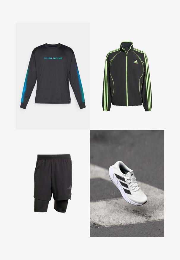 Black athletic jacket with green accents, featuring a high collar, front zipper, and three vertical stripes on each sleeve.; Long-sleeve black shirt with "FOLLOW THE LINE" in turquoise. Features blue gradient accents on sleeves and a crew neck design.; Black athletic shorts with integrated inner layer, made from breathable fabric. Features subtle logo and structured texture. Adjustable waistband.; White athletic shoe with textured mesh upper, black stripes, lace closure, and a cushioned sole, levitating above a marked road surface.