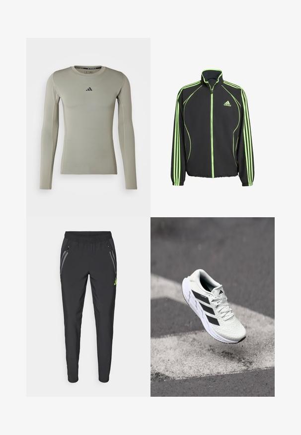 Crna sportska jakna s zelenim naglascima, koja ima visoki ovratnik, prednji zatvarač i tri vertikalne pruge na svakoj rukavu.; Majica dugih rukava sportske namjene svijetlozelene boje. Ima okrugli izrez, prilagođen kroj i mali crni logo na prsima.; adidas Performance REAL MADRID TIRO25 PRO VIS TECH TRAVEL PANT - Klupska odjeća - black/lucid lemon; Bjela atletska cipela s mrežastim gornjim dijelom s teksturom, crnim prugama, vezanjem na vezice i podstavljenim potplatom, lebdi iznad označene ceste.