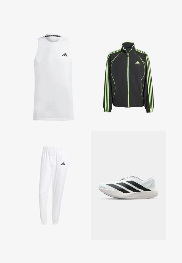 Giacca sportiva nera con accenti verdi, dotata di colletto alto, zip frontale e tre strisce verticali su ogni manica.; Canotta atletica bianca senza maniche realizzata in tessuto liscio. Presenta un logo nero sul lato sinistro del petto e un collare a fantasia nera.; Pantaloni sportivi bianchi realizzati in tessuto liscio, con una vita elasticizzata e polsini aderenti, dotati di un logo nero sulla tasca posteriore.; Scarpe da corsa leggere di colore azzurro pallido con strisce nere. Presentano una tomaia liscia, punta rotonda e un'ampia intersuola bianca etichettata "LIGHTSTRIKE PRO."