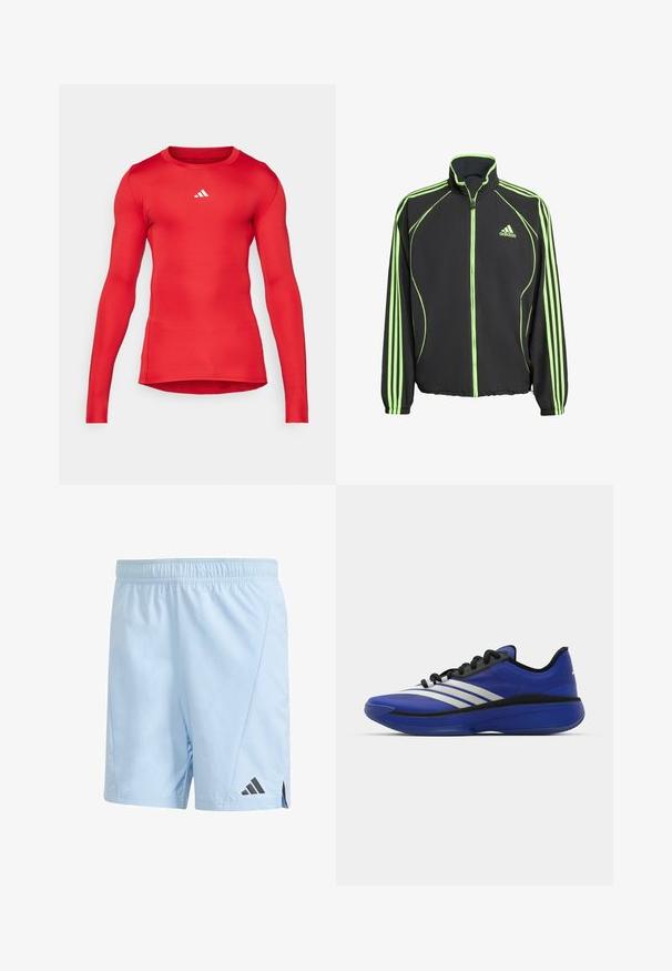 Czarna sportowa kurtka z zielonymi akcentami, z wysokim kołnierzem, przednim zamkiem błyskawicznym i trzema pionowymi paskami na każdym rękawie.; Czerwona długosleeve'owa koszulka sportowa z gładkiego, elastycznego materiału; dopasowany krój; z małym białym logo blisko dekoltu.; Jasnoniebieskie spodenki sportowe wykonane z lekkiego materiału. Posiadają elastyczny pas i czarne logo Adidas na dolnej lewej stronie.; adidas Performance ADIZERO SELECT 3.0 niebieski
