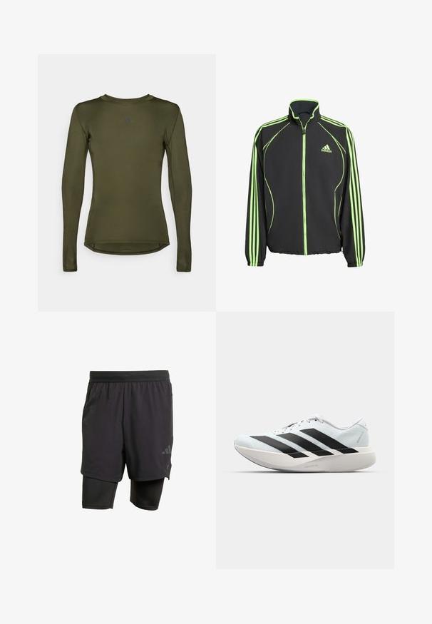 Black athletic jacket with green accents, featuring a high collar, front zipper, and three vertical stripes on each sleeve.; Long-sleeve athletic top in olive green, made of smooth, stretchy fabric. Features a round neck and subtle logo at the chest.; Black athletic shorts with integrated inner layer, made from breathable fabric. Features subtle logo and structured texture. Adjustable waistband.; Lightweight running shoes in pale blue with black stripes. Features a smooth upper, round toe, and thick white midsole labeled "LIGHTSTRIKE PRO."