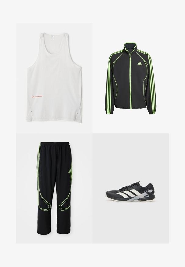 Črna športna jakna z zelenimi detajli, z visokim ovratnikom, sprednjim zadrgo in tremi navpičnimi črtami na vsaki rokavu.; Bela brezrokavna majica iz lahkega blaga, ki ima majhne pikaste vzorce in stranske razpore. Logotip blagovne znamke v rdeči barvi na spodnjem levem robu.; Črne Adidas športne hlače z neonsko zelenimi ukrivljenimi črtami in tremi črtami na straneh, elastičnim pasom in Adidasovim logotipom na sprednji stegnu.; Črne atletske čevlje z belimi črtami, mrežastim zgornjim delom, zaobljenim nosom in blaženim podplatom. Imajo teksturiran petni del in varen sistem vezalk.