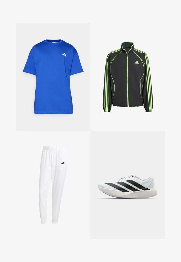 Czarna sportowa kurtka z zielonymi akcentami, z wysokim kołnierzem, przednim zamkiem błyskawicznym i trzema pionowymi paskami na każdym rękawie.; Niebieska bawełniana koszulka z okrągłym dekoltem, krótkimi rękawami oraz białym logo Adidas na lewej piersi. Gładka faktura, swobodny fason.; Białe sportowe spodnie z gładkiego materiału, z elastycznym pasem w talii i dopasowanymi mankietami, z czarnym logo na tylnej kieszeni.; Lekkie buty do biegania w jasnoniebieskim kolorze z czarnymi pasami. Posiadają gładką cholewkę, okrągły nosek oraz grubą białą podeszwę środkową oznaczoną "LIGHTSTRIKE PRO."