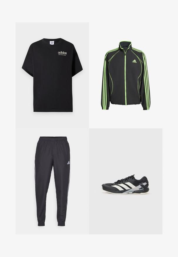 Μαύρο αθλητικό μπουφάν με πράσινες λεπτομέρειες, που έχει υψηλό γιακά, εμπρός φερμουάρ και τρεις κατακόρυφες ρίγες σε κάθε μανίκι.; Μαύρο βαμβακερό μπλουζάκι με κοντά μανίκια, με στρογγυλή λαιμόκοψη και λευκό λογότυπο Adidas που γράφει "SPORT DESIGN STUDIO" σε χρυσό. Λείο υλικό.; Μαύρο αθλητικό παντελόνι με ελαστική ζώνη, που διαθέτει λευκές ρίγες κατά μήκος των πλευρών και ένα μικρό λογότυπο στο ισχίο. Λείος υφασμάτινος τύπος.; Μαύρο αθλητικό παπούτσι με άσπρες ρίγες, διχτυωτό πάνω μέρος, στρογγυλή μύτη και μαλακή σόλα. Διαθέτει υφή στη φτέρνα και ασφαλές σύστημα κορδονιών.
