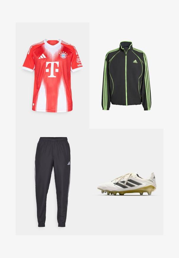 Jachetă sport neagră cu accente verzi, cu guler înalt, fermoar frontal și trei dungi verticale pe fiecare mânecă.; Tricou de fotbal roșu și alb, fabricat din material respirabil, cu guler rotund, model cu dungi verticale, logo-ul clubului și brandingul sponsorului.; Pantaloni atletici negri cu talie elastică, având dungi albe pe laterale și un mic logo pe șold. Textură netedă.; Cizmă de fotbal albă cu accente negre, având un design texturat, închidere cu dantelă, talpă galbenă și multiple cuișoare pentru aderență.