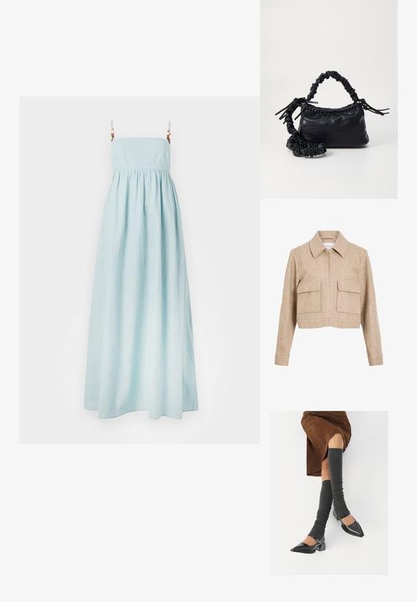 Bežinis trumpas švarkas, pagamintas iš minkštos medžiagos, su užtrauktuku priekyje, smailiu apykakle, dviem priekinėmis kišenėmis ir auksinės spalvos snapeliu.; Šviesiai mėlynas maksi suknelė su špagetėmis, surinkta liemens dalis ir lygi, švelni tekstūra. Papuošta dekoratyviomis detalėmis ant petnešų.; Juodi lakuoti odiniai batai su aštriu kuma ir bloko kulnu, derinami su pilkais riebiais kojų šildytuvais ir rudais zomšiniais sijonais.; Juodas dirbtinės odos rankinė su krokodilo tekstūra, sušnibždinta viršuje ir susikraipytu dirželiu. Atrodo minkšta ir kompaktiška.