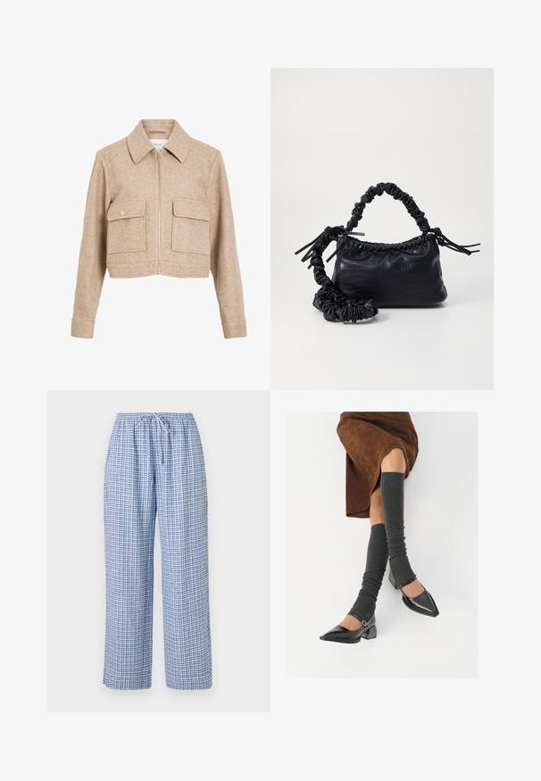 Beige skrátená bunda vyrobená z mäkkej tkaniny s predným zipsom, špicatým golierom, dvoma prednými vreckami a zlatými patentnými gombíkmi.; Zeleno-biele pruhované tričko s krátkym rukávom a okrúhlym výstrihom, vyrobené z mäkkej bavlny. Obsahuje rovnomerné horizontálne prúžky.; Modré kárované pyžamové nohavice s elastickým pásom a šnúrkou na stiahnutie. Voľný strih s mäkkou textúrou látky. Viditeľné vrecká nie sú.; Čierne lakované kožené topánky s špicatou špičkou, blokovým podpätkom a členkovým remienkom, ktoré sú kombinované so šedými rebrovanými legínami a hnedou zamšovou sukňou.; Čierna umelá kožená kabelka s kroko vzorom, sťahovaným vrchom a zhnutým popruhom. Vyzerá mäkko a kompaktné v dizajne.