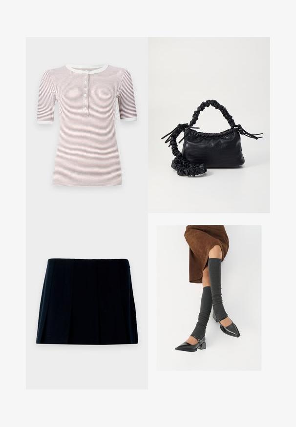 Beige skrátená bunda vyrobená z mäkkej tkaniny s predným zipsom, špicatým golierom, dvoma prednými vreckami a zlatými patentnými gombíkmi.; Prúhovaná košeľa s krátkym rukávom a okrúhlym výstrihom, s gombíkmi na prednej strane a jemnou textúrou v bielej a bordovej farbe.; Čierna plisovaná mini sukňa vyrobená z textílie. Má priamy pás a množstvo vertikálnych skladov pre tvar a štruktúru.; Čierne lakované kožené topánky s špicatou špičkou, blokovým podpätkom a členkovým remienkom, ktoré sú kombinované so šedými rebrovanými legínami a hnedou zamšovou sukňou.; Čierna umelá kožená kabelka s kroko vzorom, sťahovaným vrchom a zhnutým popruhom. Vyzerá mäkko a kompaktné v dizajne.