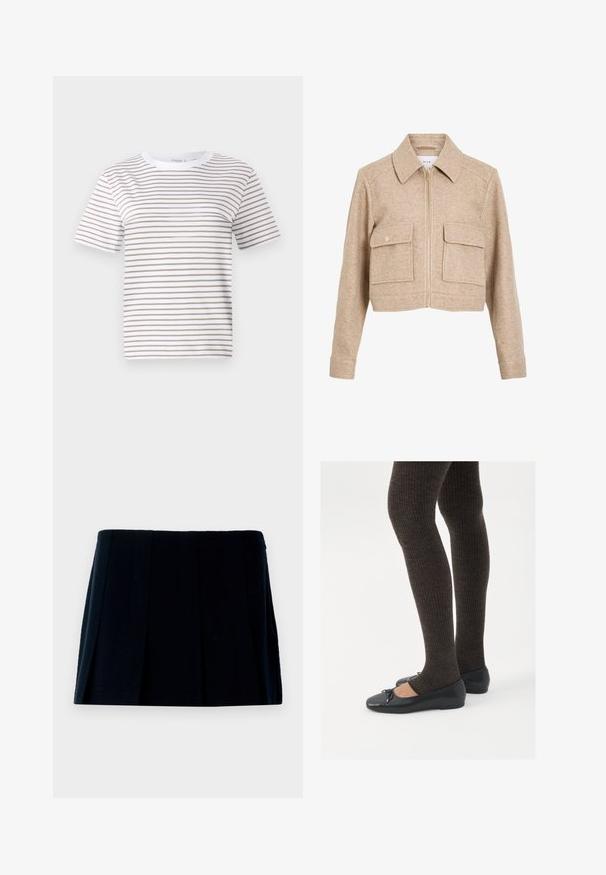 Bežs apgrieztais džempers, izgatavots no mīkstas auduma ar rāvējslēdzēju priekšpusē, ar norādītu apkakli, divām priekšējām kabatām un zeltainiem pogām.; Balta īsām piedurknēm T-kreklu ar horizontālām bēšām svītrām. Ar apaļu kaklu, izgatavots no mīksta auduma, ar brīvu piegriezumu un standarta apmalēm.; Melnā plisētā mini svārki, kas izgatavoti no auduma. Tiem ir taisna josta un vairākas vertikālas krokas, kas piešķir formu un tekstūru.; Melnas plakano formas kurpes ar mazu loku uz pirksta, apvienotas ar tumši brūnām ribotām zeķubiksēm. Kurpēm ir gluda tekstūra un zems profils.