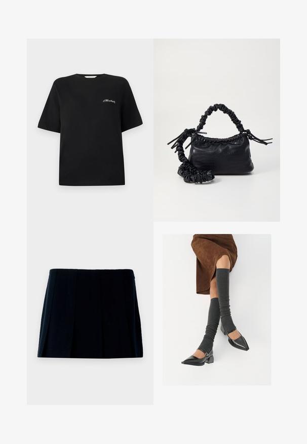 Beżowa krótka kurtka wykonana z miękkiego materiału z zamkiem z przodu, spiczastym kołnierzem, dwoma przednimi kieszeniami i złotymi napami.; Czarna bawełniana koszulka z krótkim rękawem i okrągłym dekoltem. Posiada białą haftowaną tekst na lewym obszarze klatki piersiowej. Gładka tekstura.; Czarna, plisowana mini spódnica wykonana z materiału. Posiada prostą talię i wiele pionowych fałd dla kształtu i tekstury.; Czarne lakierowane buty na szpilce z prostokątnym obcasem i paskiem na kostce, zestawione z szarymi prążkowanymi ocieplaczami na nogi oraz brązową zamszową spódnicą.; Czarna torebka z syntetycznej skóry o teksturze krokodyla, z zaciąganym górnym zamknięciem i marszczonym paskiem. Wygląda na miękką i zwartą w designie.