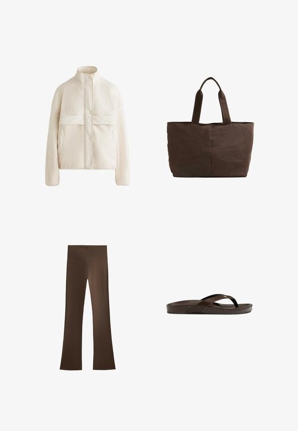 Krém színű gyapjúdzseki magas gallérral, patentgombokkal és vízszintes csíkkal a mellkason. Két elülső zsebbel rendelkezik.; Barna bordás kötött pulóver kerek nyakkivágással és raglán ujjakkal. Rövid hossza és texturált anyaga van. Nincsenek látható záródások.; Barna, harangszoknyás nadrág magas derékkal, keresztmintázattal. Kellemes tapintású, rugalmas anyagból készült a kényelem és illeszkedés érdekében.; Barna pántos szandál vastag, sima talppal és keresztpántos dizájnnal. Szintetikus anyagból készült, a talpa texturált a jobb tapadás érdekében.; Barna textil bevásárlótáska, két strapabíró füllel, téglalap alakú, minimális varrási részletekkel és sima felülettel.