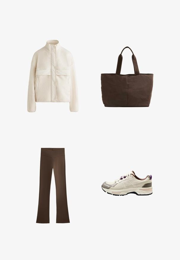 Krémová fleecová bunda s vysokým límcem, patentkami a vodorovným pruhem přes hruď. Obsahuje dvě přední kapsy.; Hnědý žebrovaný pletený svetr s kulatým výstřihem a raglánovými rukávy. Má zkrácenou délku a texturovanou tkaninu. Bez viditelných zapínání.; Hnědé kalhoty se širokými nohavicemi a vysokým pasem s křížovým designem. Vyrobeno z hladkého, elastického materiálu pro pohodlí a dobré padnutí.; Lehká sportovní obuv v krémové barvě s texturovaným síťovaným svrškem, šedými akcenty, fialovou patní smyčkou a polstrovanou černou gumovou podrážkou.; Hnědá látková taška s dvěma pevným uchy, obdélníkový tvar, minimální detaily šití a hladká textura.