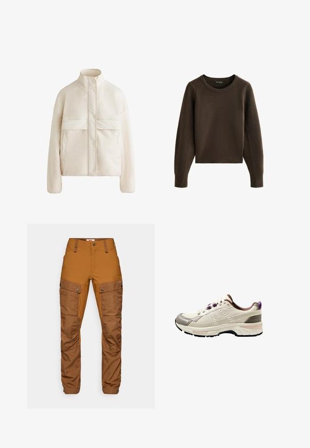 Kremowy polarowy kurtka z wysokim kołnierzem, zatrzaskami i poziomą taśmą na klatce piersiowej. Posiada dwie przednie kieszenie.; Brązowy sweter z prążkowanej dzianiny, z okrągłym dekoltem i raglanowymi rękawami. Posiada skróconą długość i teksturowaną tkaninę. Brak widocznych zapięć.; Brązowe spodnie na zewnątrz z połączeniem gładkiego i teksturowanego materiału, z kieszeniami cargo i zapięciem na zatrzaski na udach.; Lekki but sportowy w kolorze kremowym, z teksturowaną siateczkową cholewką, szarymi akcentami, fioletową pętlą na pięcie i amortyzowaną czarną gumową podeszwą.
