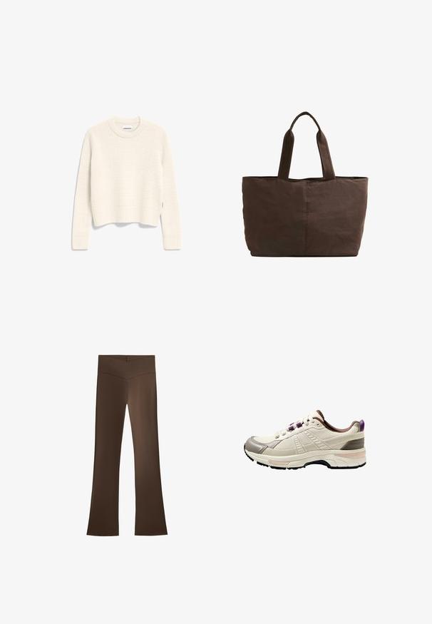 Cremfarbener Fleece-Jacke mit hohem Kragen, Druckknöpfen und einem horizontalen Band über der Brust. Verfügt über zwei Fronttaschen.; Elfenbeinfarbener Strickpullover mit Rundhalsausschnitt, gerippten Bündchen und Saum, strukturiertem Muster und verkürzter Passform. Etikett im Nacken sichtbar.; Braune Schlaghosen mit hohem Bündchen und einem Kreuzdesign. Hergestellt aus einem glatten, elastischen Material für Komfort und Passform.; Leichter Sportschuh in Creme, mit einem strukturierten Mesh-Obermaterial, grauen Akzenten, lila Fersenschlaufe und einer gepolsterten schwarzen Gummisohle.; Braune Stofftragetasche mit zwei stabilen Griffen, rechteckiger Form, minimalen Nähten und glatter Textur.
