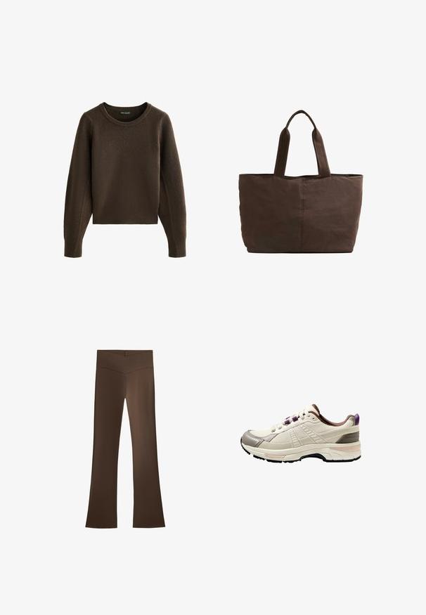 Krém színű gyapjúdzseki magas gallérral, patentgombokkal és vízszintes csíkkal a mellkason. Két elülső zsebbel rendelkezik.; Barna bordás kötött pulóver kerek nyakkivágással és raglán ujjakkal. Rövid hossza és texturált anyaga van. Nincsenek látható záródások.; Barna, harangszoknyás nadrág magas derékkal, keresztmintázattal. Kellemes tapintású, rugalmas anyagból készült a kényelem és illeszkedés érdekében.; Könnyű atlétikai cipő krémszínben, texturált hálós felsőrésszel, szürke díszítésekkel, lila sarokfüllel és párnázott fekete gumitalppal.; Barna textil bevásárlótáska, két strapabíró füllel, téglalap alakú, minimális varrási részletekkel és sima felülettel.