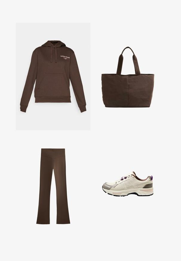 Krémový fleece sveter s vysokým golierom, patentkami a horizontálnym pásom cez hruď. Obsahuje dve predné vrecká.; Hnedá mikina s kapucňou vyrobená z mäkkej textílie, s klokankovým vreckom, šnúrkou na kapucni a vyšitým logom na hrudi v bielej farbe.; Hnedé rozšírené nohavice s vysokým pásom a krížovým dizajnom. Vyrobené z hladkého, elastického materiálu pre pohodlie a správne padnutie.; Ľahká športová obuv v krémovej farbe, s textúrovaným sieťovým zvrškom, sivými akcentmi, fialovou pätovou záložkou a odpruženou čiernou gumovou podrážkou.; Hnedá látková taška s dvoma pevných uchami, obdĺžnikový tvar, minimálne švy a hladká textúra.