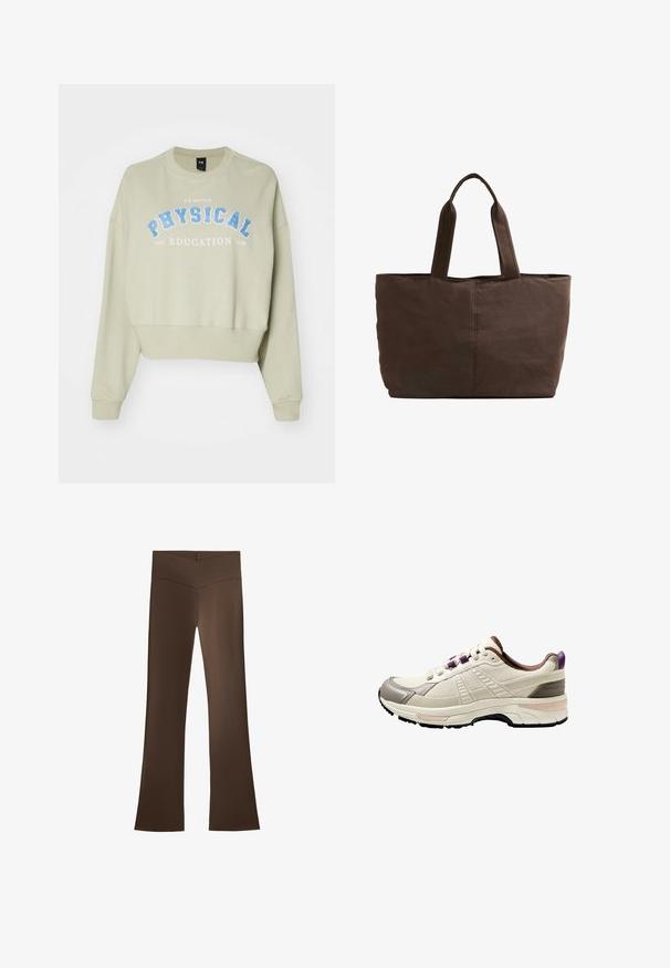 Krämfärgad fleecjacka med hög krage, tryckknappar och ett horisontellt band över bröstet. Har två framfickor.; Avklippt sweatshirt i mjuk, ljusgrön bomull med blått tryck "FYSISK UTVECKLING". Har ribbade ärmslut och rundad halsringning.; Bruna utsvängda byxor med hög midja som har en korsdesign. Tillverkade av ett mjukt, elastiskt material för komfort och passform.; Lättvikts sportskor i krämvitt med ett texturerat mesh-överdel, grå accenter, lila hälflik och en vadderad svart gummisula.; Brun tygväska med två kraftiga handtag, rektangulär form, minimala sömnadsdetaljer och en slät yta.