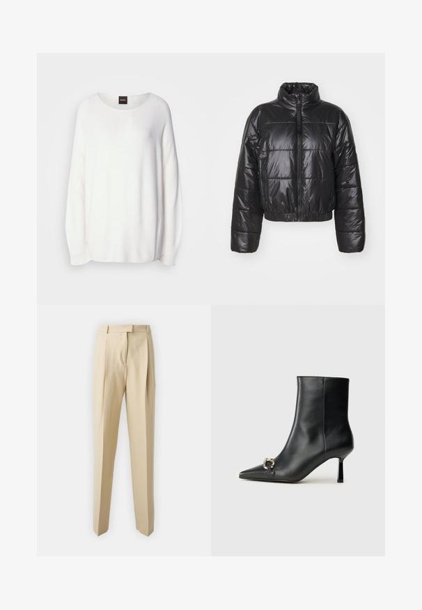 Svart puffjakke laget av blankt, quiltet materiale, med høy krage, glidelås og elastisk hem og mansjetter.; Hvit genser med rund hals, lange ermer og avslappet passform. Ribbet tekstur, subtil glans, og BOSS-merke på baksiden.; Beige skreddersydde bukser med rett snitt, med legg, belte og en glatt tekstur. Ingen synlige lommer eller pynt.; Sorte lær ankle boot med spiss tå, slank mid-høyde hæl og sølvspenne på siden mot en enkel bakgrunn.