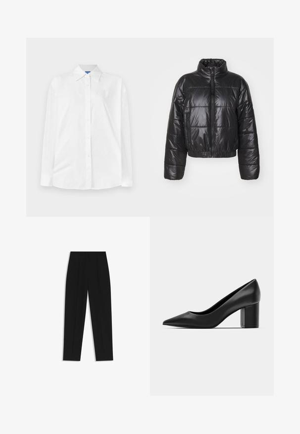 Black puffer jacket made of shiny, quilted material, featuring a high collar, zip closure, and elasticated hem and cuffs.; White button-up shirt with a classic collar, long sleeves, and a subtle tonal pattern throughout. Smooth cotton fabric with a relaxed fit.; Black trousers with a straight fit, featuring double pleats, a smooth texture, and a classic waistband design. No visible hardware or accents.; Black leather pump with a pointed toe and a chunky square heel. Smooth texture, simple design, suitable for formal settings.