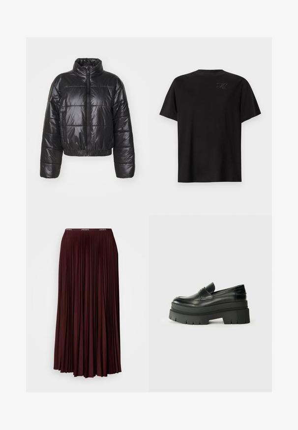 Mustaline puffer jakk, mis on valmistatud läikivast, tikandmaterjalist, millel on kõrge krae, lukuga sulgemine ning elastne alläär ja varrukad.; Must must والdasدةكت اینسا لی منقلن. الشرطة دعم نديجر هذهormaول ذاتنا ظل مرئي طل هوك تحتها, غير سملة. قماش ناعم.; Burgundia volditud seelik, mis on valmistatud pehmest kangast, millel on elastne vöökoht ja diskreetne logo. Täispikk disain vertikaalsete voldidega.; Mustad mustrennistest nahast mokad, millel on paks platvormi tald. Ümar varvas, eesmine õmblusdetail ja peened õmblemisaktsendid. Lame, tekstureeritud välistald.