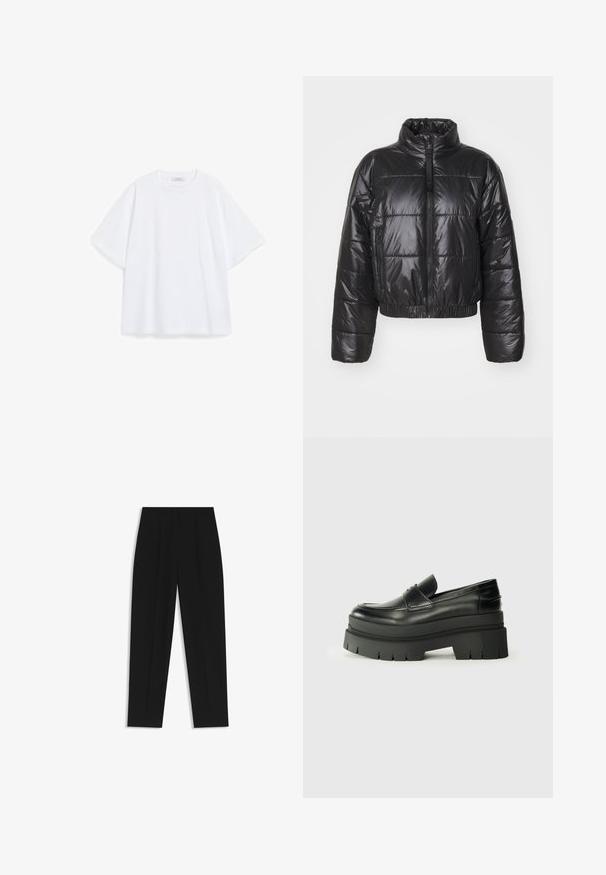 Black puffer jacket made of shiny, quilted material, featuring a high collar, zip closure, and elasticated hem and cuffs.; White cotton T-shirt with short sleeves, a round neck, and a relaxed fit. Smooth texture with no visible patterns or accents.; Black trousers with a straight fit, featuring double pleats, a smooth texture, and a classic waistband design. No visible hardware or accents.; Black leather loafers with a chunky platform sole. Rounded toe, front seam detail, and subtle stitching accents. Flat, textured outsole.