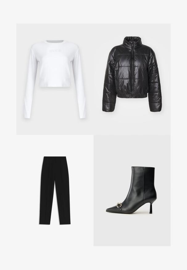 Svart puffjacka av glänsande, quiltat material, med hög krage, dragkedjestängning och elastiska fållar och ärmar.; Vit långärmad croppad topp i mjukt material, med en subtil "HUGO"-logotyp i ljusgrått på framsidan.; Svarta byxor med rak passform, med dubbla fickor, en slät yta och en klassisk midje-design. Ingen synlig hårdvara eller detaljer.; Svart läderankelboot med spetsig tå, smal medelhög klack och silverfärgad spänndetalj på sidan mot en enfärgad bakgrund.