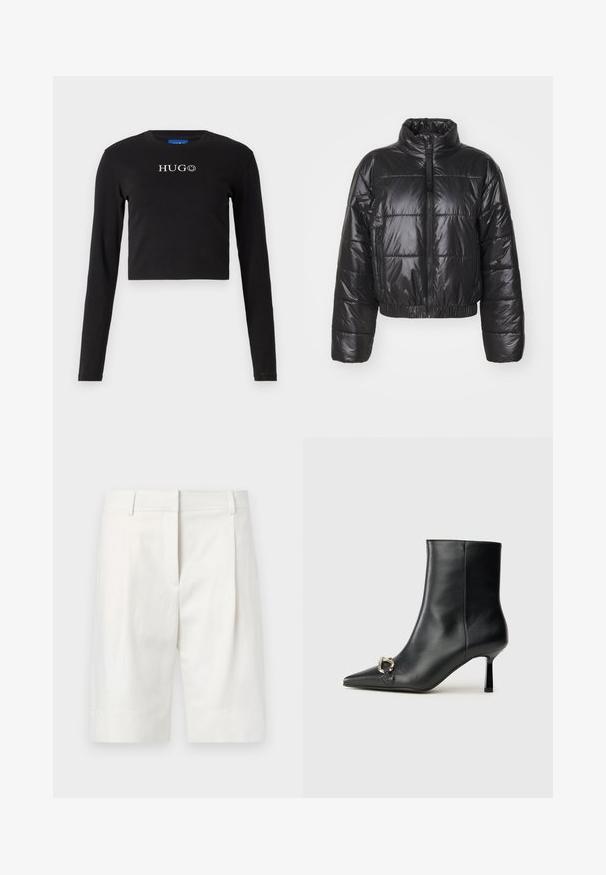 Čierna perová bunda vyrobená z lesklej prešívanej látky, s vysokým golierom, zipsovým zapínaním a elastickými lemami a manžetami.; Čierna skrátená košeľa s dlhým rukávom vyrobená z bavlny, s okrouhlym výstrihom a predným logom v bielej farbe so smejúcou sa tvárou ako akcentom.; Svetlosfarbené prispôsobené šortky z bavlny s plochým predným dielom, záhybmi a rovným strihom. Hladká štruktúra s klasickým dokončením.; Čierna kožená členková obuv s špicatou špičkou, štíhlým stredne vysokým podpätkom a striebornou sponou na boku na jednoduchom pozadí.