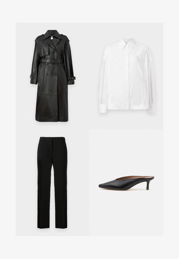 Black leather trench coat with a belted waist, double-breasted buttons, sharp collar, and perforated detailing on sleeves.; White long-sleeve button-up shirt in a smooth cotton blend. Features a classic collar, front button closure, and rounded cuffs.; Black trousers with a straight-leg design, made of smooth fabric, featuring a flat front, belt loops, and no visible patterns or accents.; Black leather mules with a pointed toe and low, block heel. Smooth texture with a sleek design. Open back with minimal detailing.