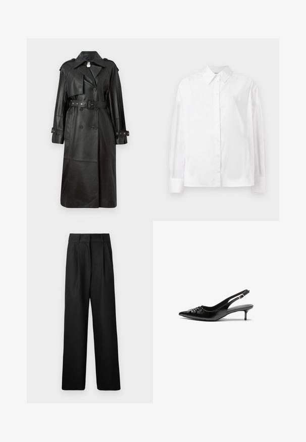 Čierny kožený trenčkot s opaskom v páse, dvojradovým zapínaním, ostrým golierom a perforovanými detailmi na rukávoch.; Biela košeľa s dlhým rukávom vyrobená z hladkej bavlnenej zmesi. Má klasický golier, predné zapínanie na gombíky a zaoblené manžety.; Čierne široké nohavice s hladkou textúrou, s prednými skladmi a vysokým pásom. Vyrobené z ľahkého materiálu.; Čierne kožené slingback podpätky s ostrou špičkou, malým podpatkom a dekoratívnym uzlom vpredu. Hladký povrch po celom obvode.