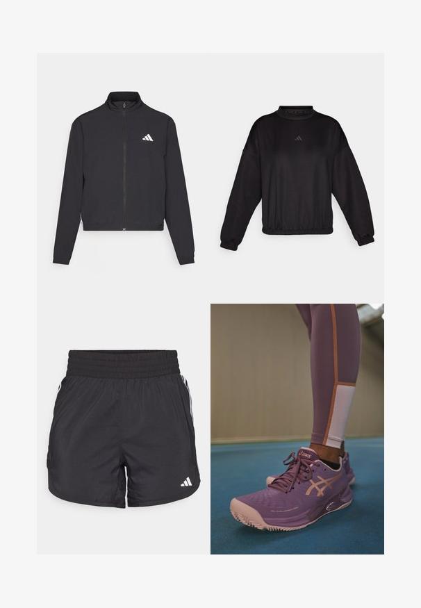 adidas Performance TRAIN ESSENTIALS 3 STRIPES WARM UP - Spordijakk - black/white; Must have pikkade varrukatega must dressipluus kõrge kaelusega, millel on elastsed mansetid ja alläär, valmistatud siledast kangast, rinnal on peen logo.; Mustad mustriga mustad sportlikud lühikesed püksid elastse värviga, küljetaskud ja valged triibud külgedel. Valmistatud kerge materjali sisu.; Lilla sportjalad, millel on tekstureeritud ülemised osad ja pehme tallaga, roosa varbakaitse ja kuldsed aktsendid. Kanda koos lilla retuusidega.
