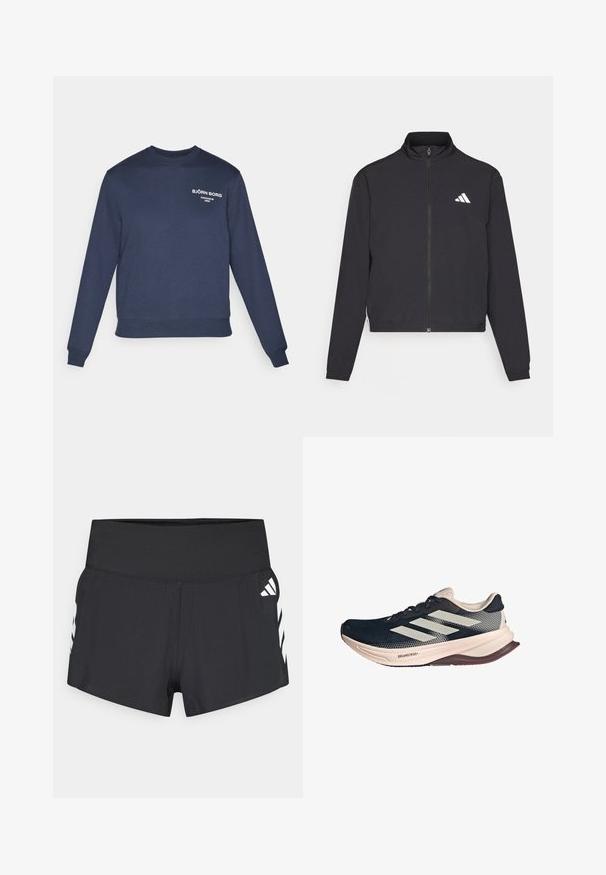adidas Performance ESSENTIALS 3 STRIPES czarny; Granatowy sweatshirt z długimi rękawami, ściągaczami przy mankietach i dolnej krawędzi. Posiada biały napis/logo na klatce piersiowej; tkanina wydaje się gładka i przypomina bawełnę.; Czarne sportowe spodenki z dopasowanym pasem i gładką teksturą. Posiadają białe paski ozdobne po bokach. Lekki i oddychający materiał.; Buty biegowe z ciemnoniebieską siateczką, jasnobeżową podeszwą i białym wzorem w trzy paski. Charakteryzują się smukłym, aerodynamicznym kształtem oraz teksturowanymi akcentami.
