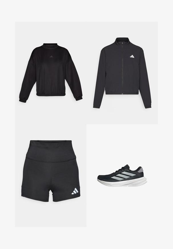 adidas Performance TRAIN ESSENTIALS 3 STRIPES WARM UP - Training jacket - black/white; Black long-sleeve sweatshirt with a high neckline, features elastic cuffs and hem, made of smooth fabric, adorned with a subtle logo on the chest.; adidas Performance Leggings - black; Black running shoe with mesh upper, three silver stripes, white midsole, and textured outsole. Features padded collar and lace closure.
