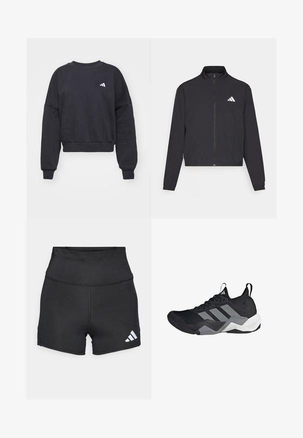adidas Performance TRAIN ESSENTIALS 3 STRIPES WARM UP - Sportinė striukė - black/white; adidas Sportswear ESSENTIALS SMALL LOGO FEEL COZY - Sportinis megztinis - black/white; adidas Performance Tamprės - black; Juodų sportinių batų dizainas su kvėpuojančiu tinkliniu viršumi, pilkais akcentais, tekstūruotu padu ir trimis išskirtinėmis juostelėmis šone.